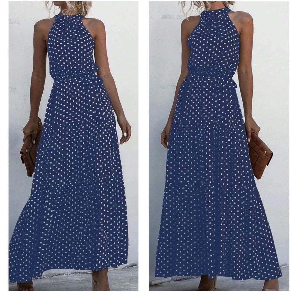 Boho Polka Dot Halter Maxi Dress - Picture 4 of 5